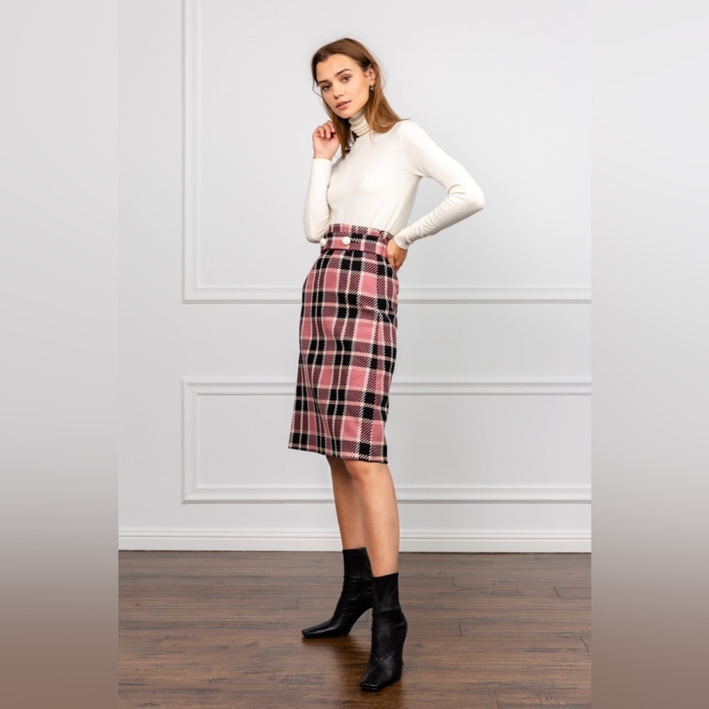 J.Ing Pink Checker Print Tweed Midi Skirt With Belt Size Xs Nwt — image 8 of 8